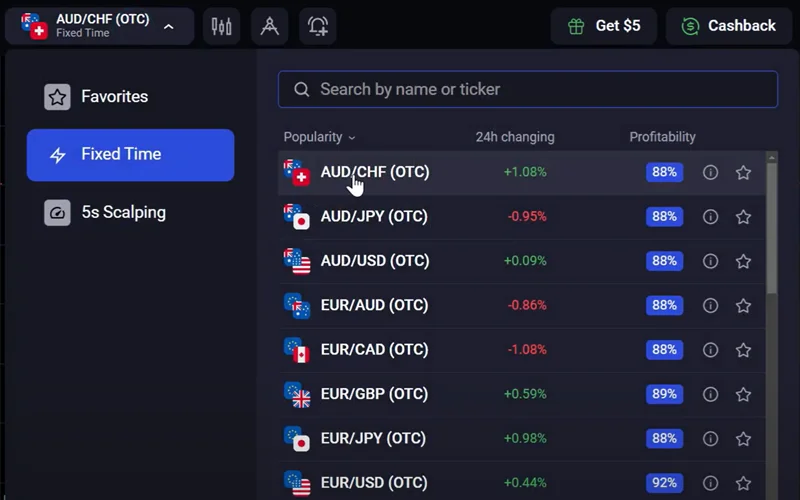 Selecting trading assets from the list