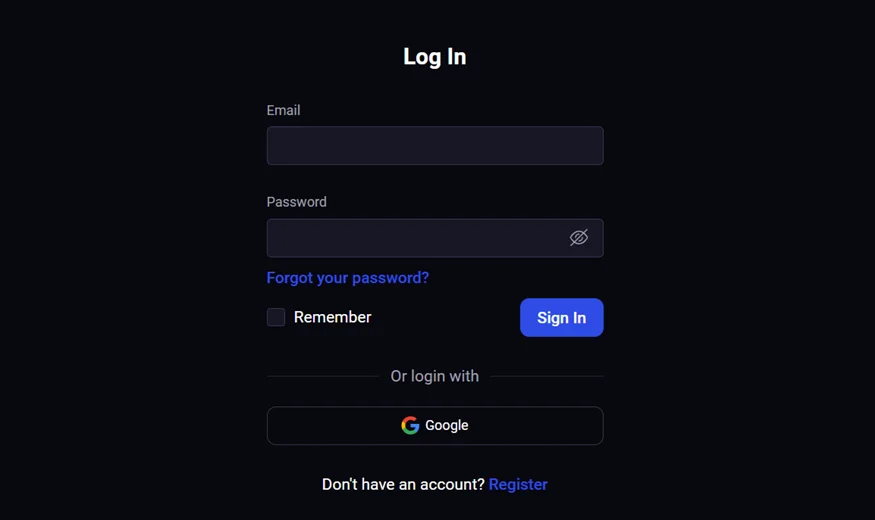 The Binolla login page